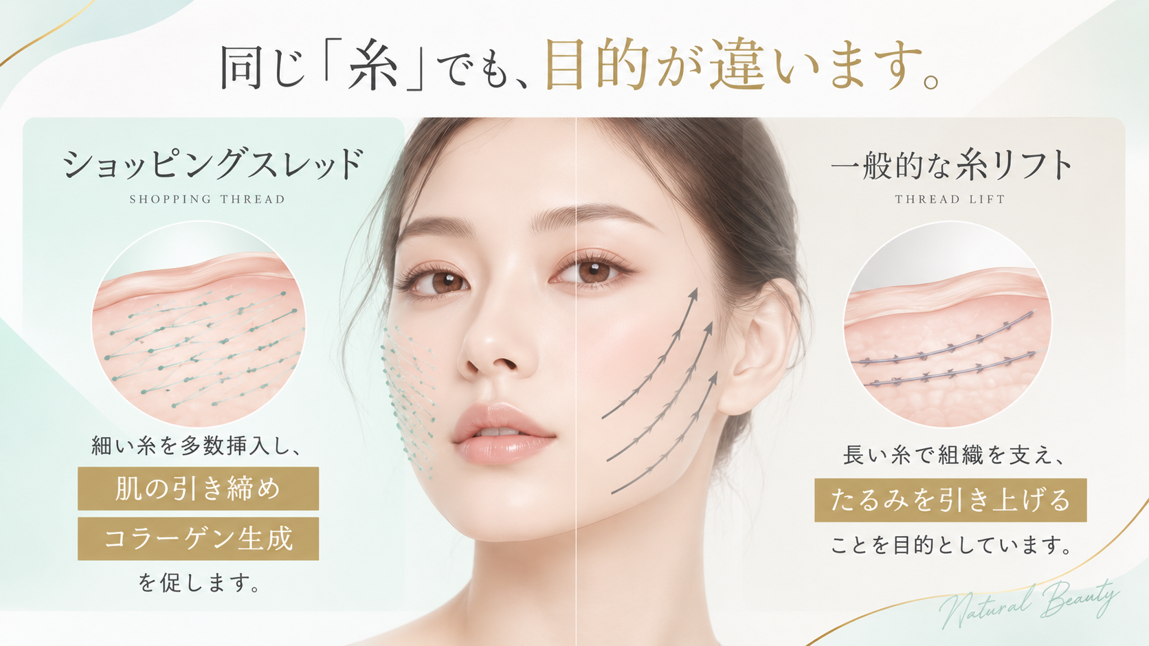 ショッピングスレッドと一般的な糸リフトの違い。ショッピングスレッドは引き締めとコラーゲン生成、糸リフトは物理的な引き上げ